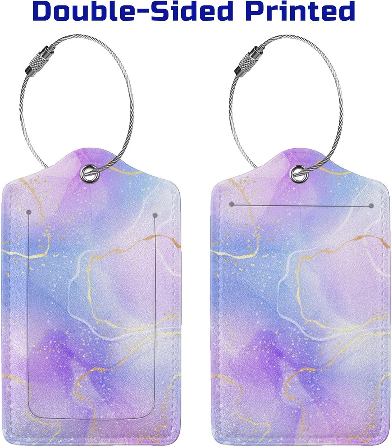 2Pcs Light Purple Blue Leather Luggage Tags with Golden and White Lines for Women Girls Travel, Pretty Abstract Lavender Violet Watercolor Marble Name ID Identifier Labels for Suitcase Baggage Bag