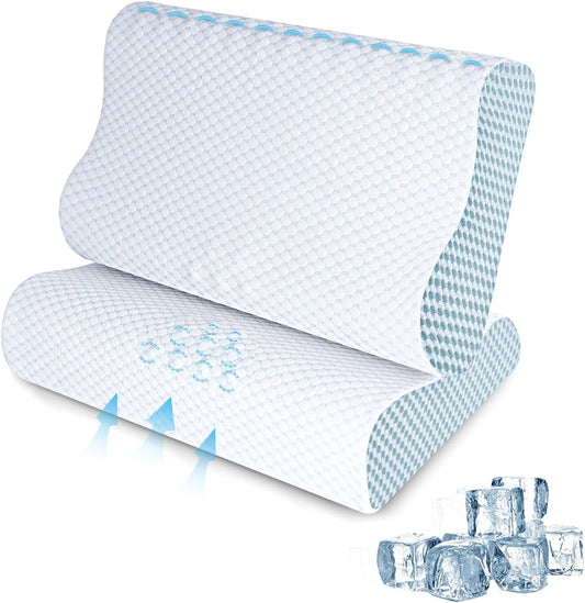 2 Pack Memory Foam Cooling Bed Pillows for Sleeping, Ergonomic Cervical Pillow for Neck and Shoulder Pain Relief, Adjustable Cold Pillow Set of 2,with Pillowcase（Blue）