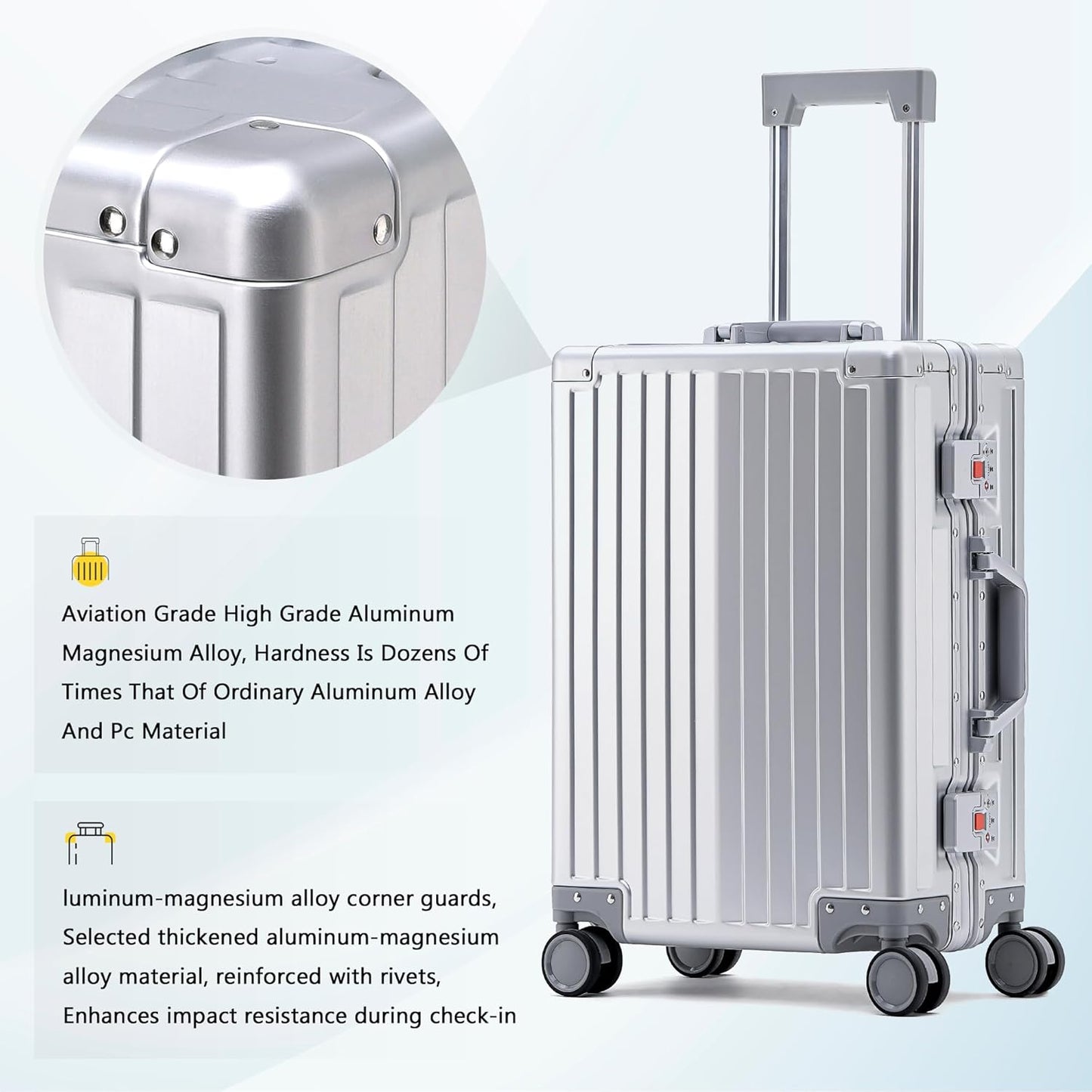 YYW Aluminum Carry-On Luggage Airline Approved Lightweight Suitcase with TSA Lock and Silent Wheels, Hardshell Spinner Business Travel (silver, 24in)