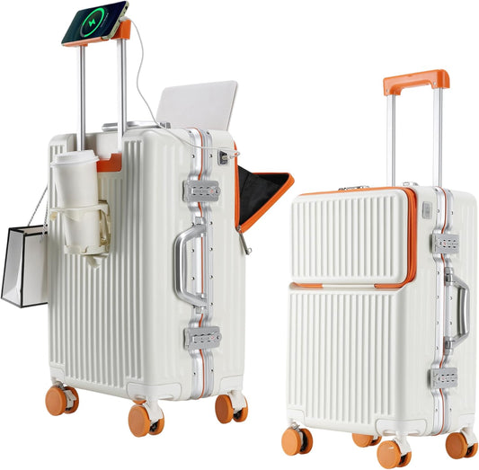 2-Piece Hardshell Zipperless Luggage Set, 20/26" Aluminum Frame Hardshell Spinner Luggage, Airline Approved Carry-On Luggage, TSA Lock, 360° Quiet Wheels With Cup Holder (orange)