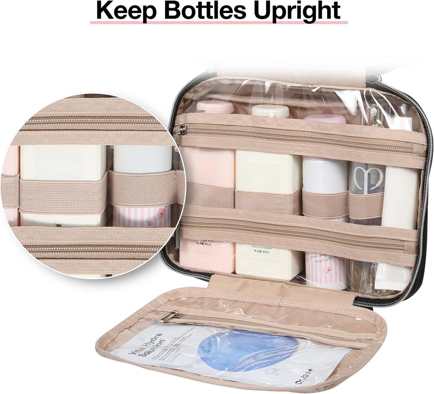 BAGSMART Toiletry Bag Hanging Travel Makeup Organizer with TSA Approved Transparent Cosmetic Bag Makeup Bag for Full Sized Toiletries, Medium-Black