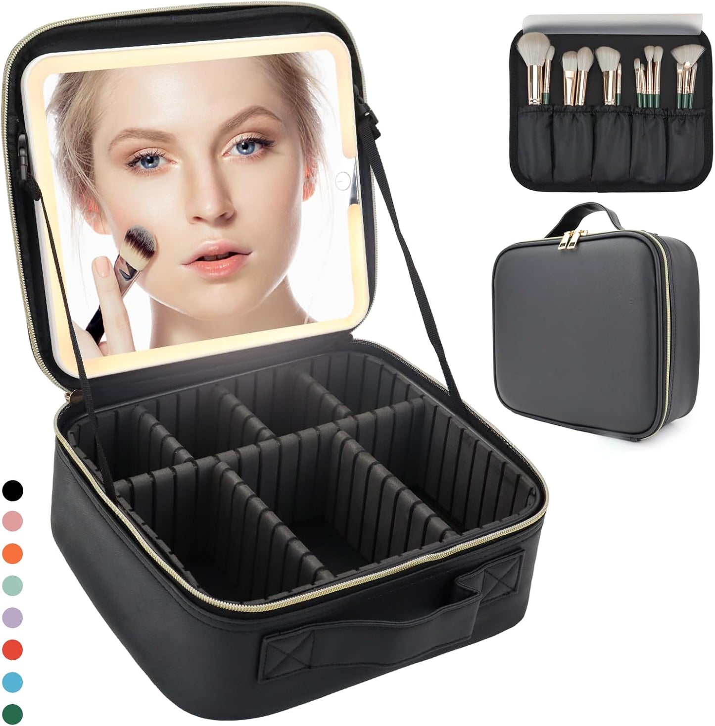 Travel Makeup Bag with LED Lighted Mirror, Travel Makeup Organizer,3 Color Setting Cosmetic Makeup Box, Adjustable Dividers and Brush Holder（black）