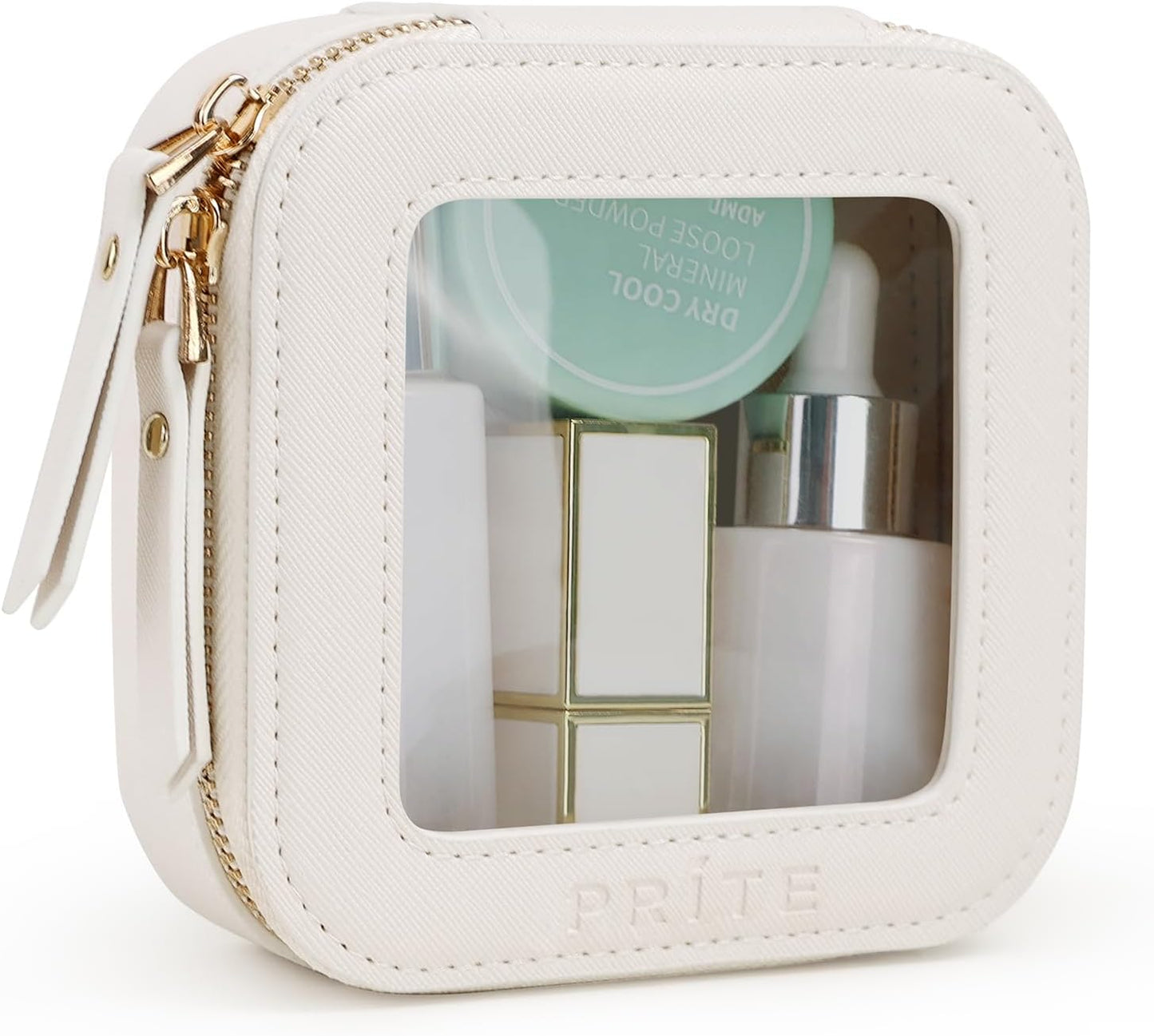 Prite Small Makeup Bag for Women Portable Clear Makeup Bag Cute Mini Waterproof Travel Cosmetic Bag with Gold Zipper for Car Essentials(Beige)