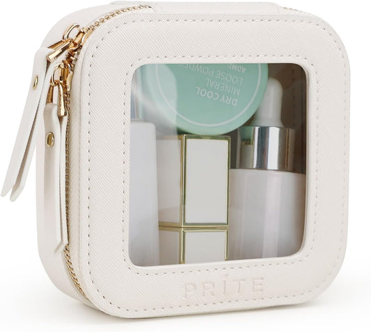 Prite Small Makeup Bag for Women Portable Clear Makeup Bag Cute Mini Waterproof Travel Cosmetic Bag with Gold Zipper for Car Essentials(Beige)