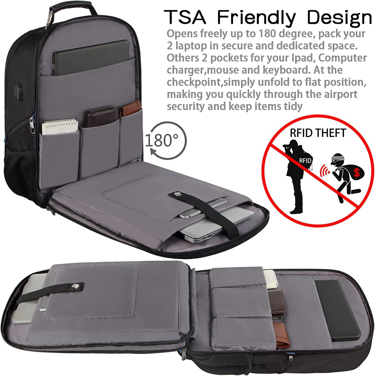 Laptop Backpack, Blue, 55L Capacity, TSA Approved, Multipurpose, Convenient USB Port, Comfortable Back Design, Durable Polyester Fabric