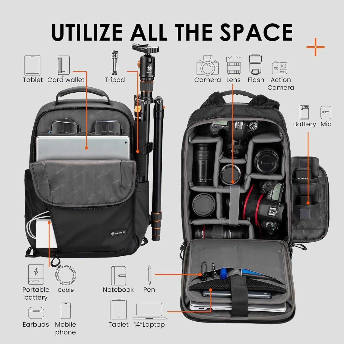 TARION Camera Backpack Waterproof Bag - 12.5L Slim DSLR Backpack with 14'' Laptop Compartment Rain Cover Slim Photography Bag for Men Women Photographers for DSLR SLR Lens Black TRL