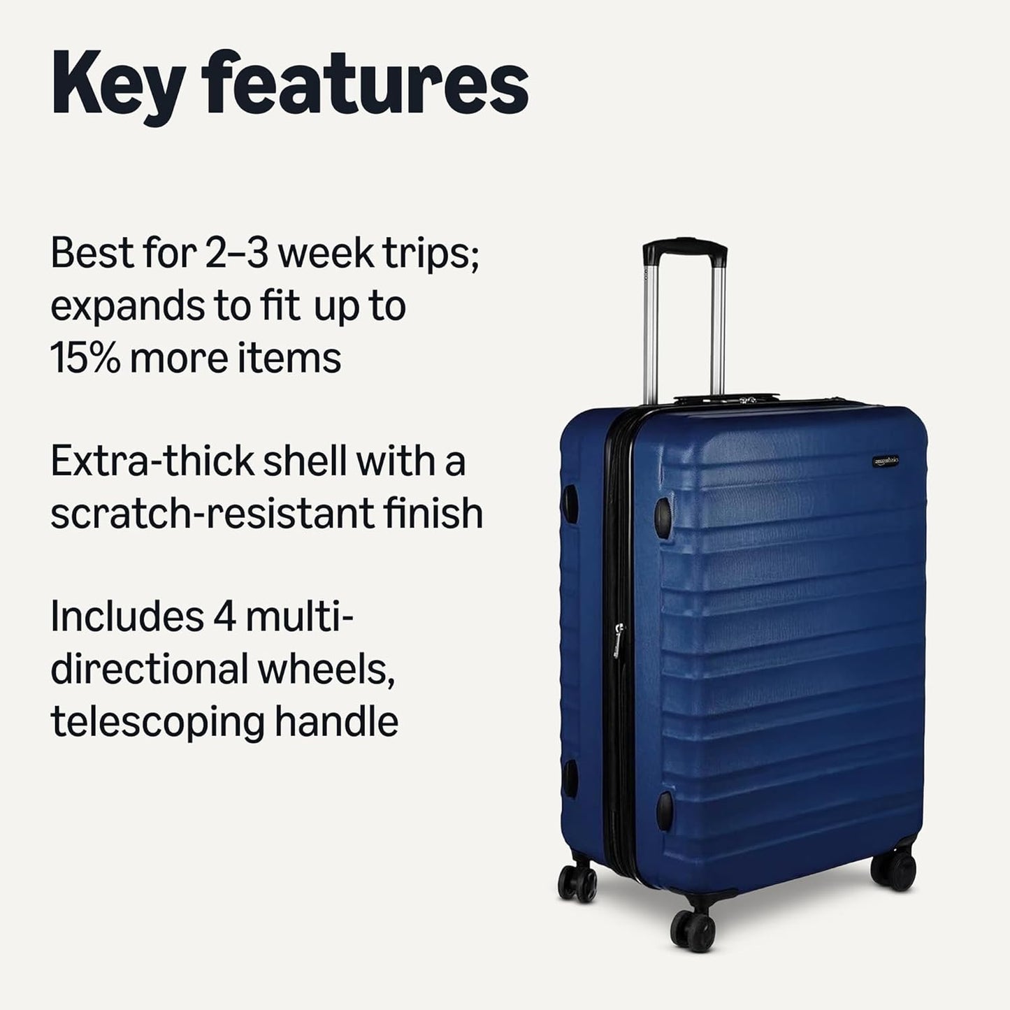 Amazon Basics 30" Hardside Large Checked Luggage, Hardshell Suitcase With Wheels, Expandable For Up to 15% More Space, With Scratch-Resistant Surface, Four Multi-directional Wheels, Navy Blue