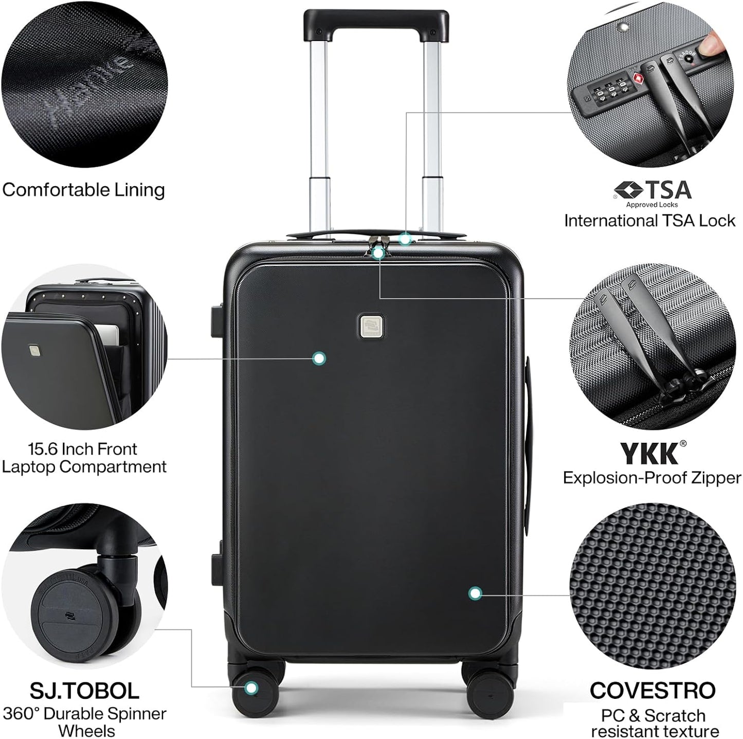 Hanke Grace Hard Shell Suitcases with Wheels,20 Inch Carry On Luggage Airline Approved with Aluminum Frame, Travel suitcase with Front Pocket Travel Luggage for Short Business Trips, Jet Black.