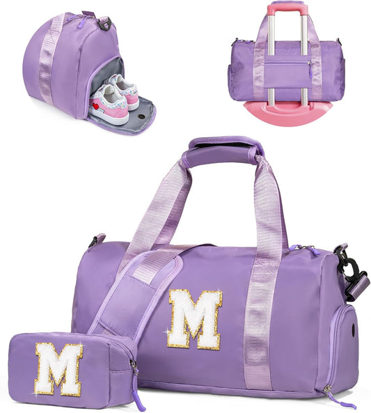 Gifts for 3 4 5 6 7 8 9 10 Year Old Girls-Girl Gym Bag with Shoe Compartment, Kid Personalized Weekender Overnight Bags, Initial Travel Tote with Makeup Pouch, Graduation Gift (Letter M)