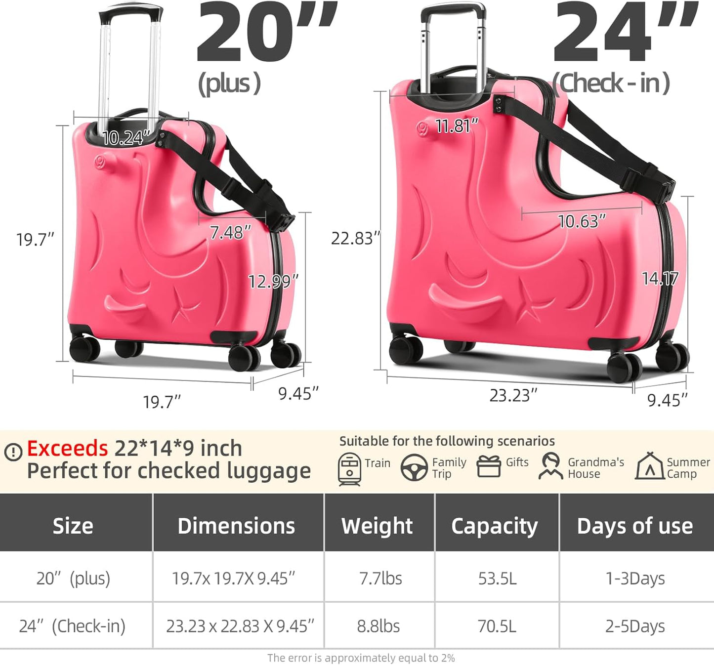 AO WEI LA OW Duffel Bag for Kids Ride-On Suitcase Carry-On Luggage with Wheels (Fuchsia, 24 Inch(suggest 6-12 years old))