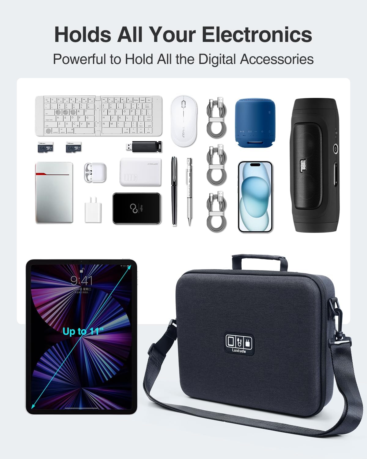 Luxtude Electronic Organizer Travel Case Large, Hard Case for Electronics, EVA Tech Organizers, Travel Cable Bag with Shoulder Strap, Charger Organizers Carrying Cases for iPad(Up to 11’’)