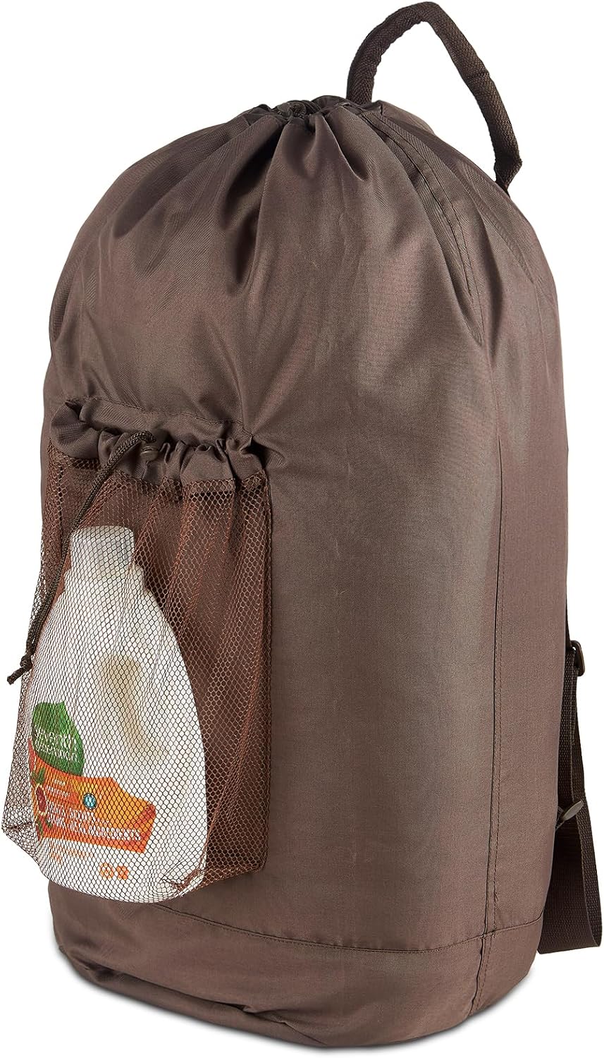 Large Laundry Backpack Bag with Detergent Holder and Adjustable Shoulder Straps, Clothes Laundry Backpack for College, Travel, Apartment, Laundromat, Dorm Room (Brown)