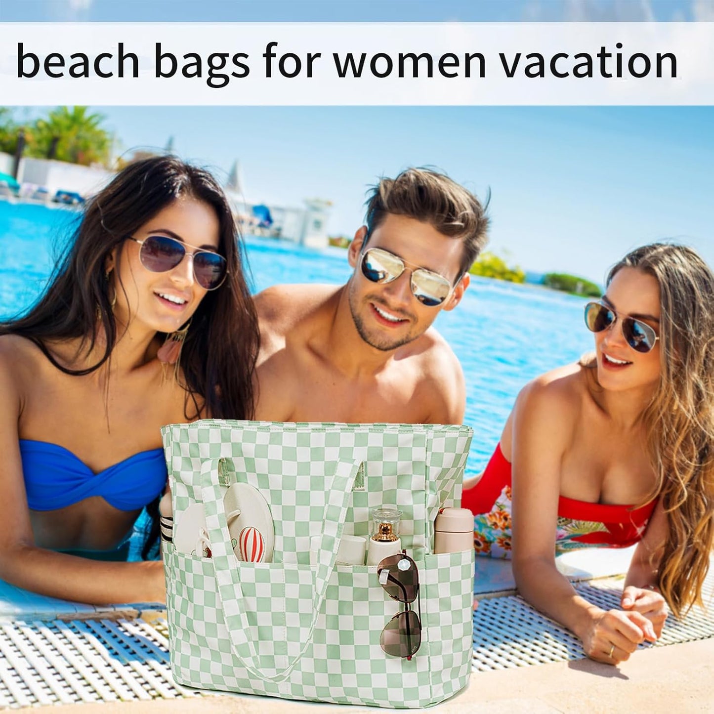 LEDAOU Large Beach Tote Bag Women Waterproof Sandproof Zipper Beach Tote Bag for Pool Gym Grocery Travel with Wet Pocket