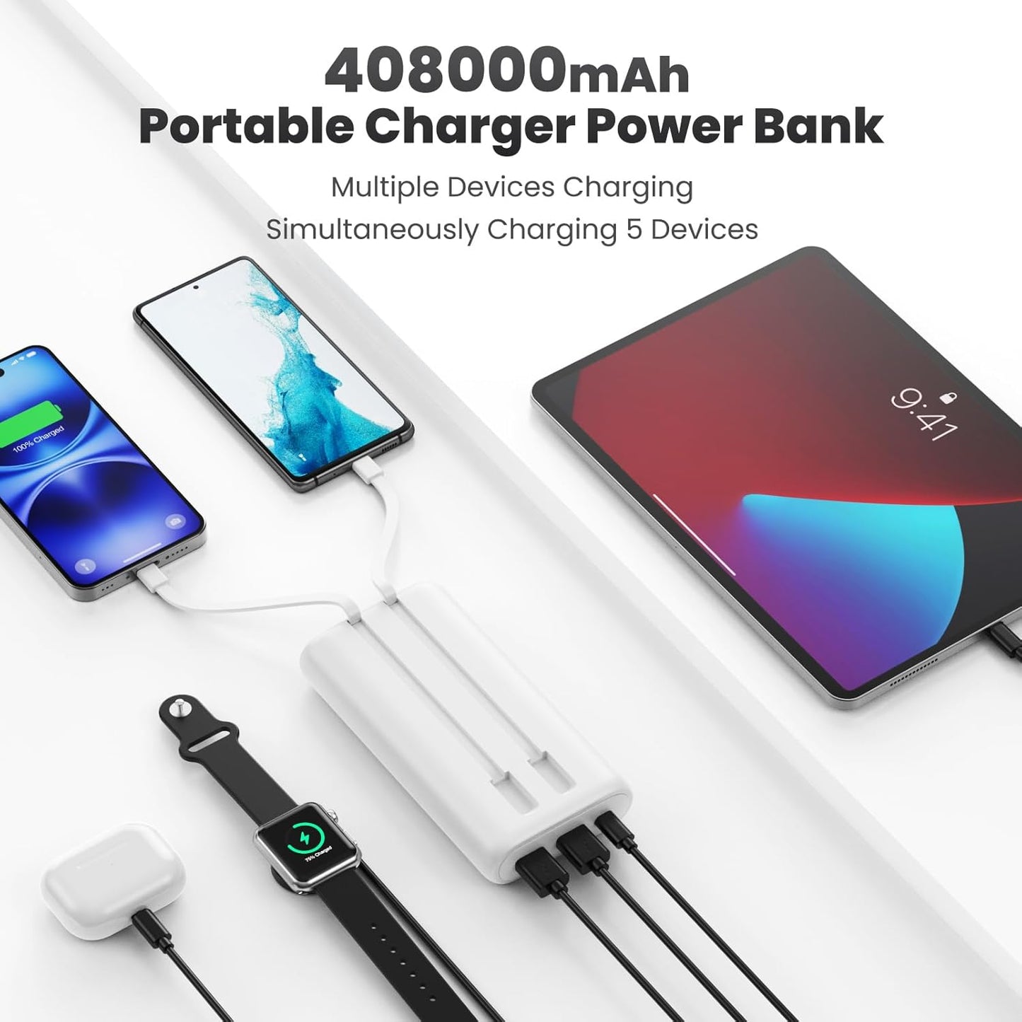 Portable Charger Power Bank 40,800mAh 25W Fast Charging USB C Portable Charger with 2 Built in Cables,5 Outputs & QC 4.0 Quick Phone Charging Battery Pack Compatible with iPhone 16/15/Android (White)