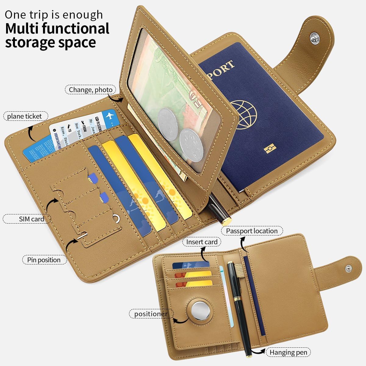 Passport Holder Wallet Bag with AirTag Holder, Card Slots Passport Solt Ticket Cash Solt, Photo Solt Sim Card Pen Slot.Apricot
