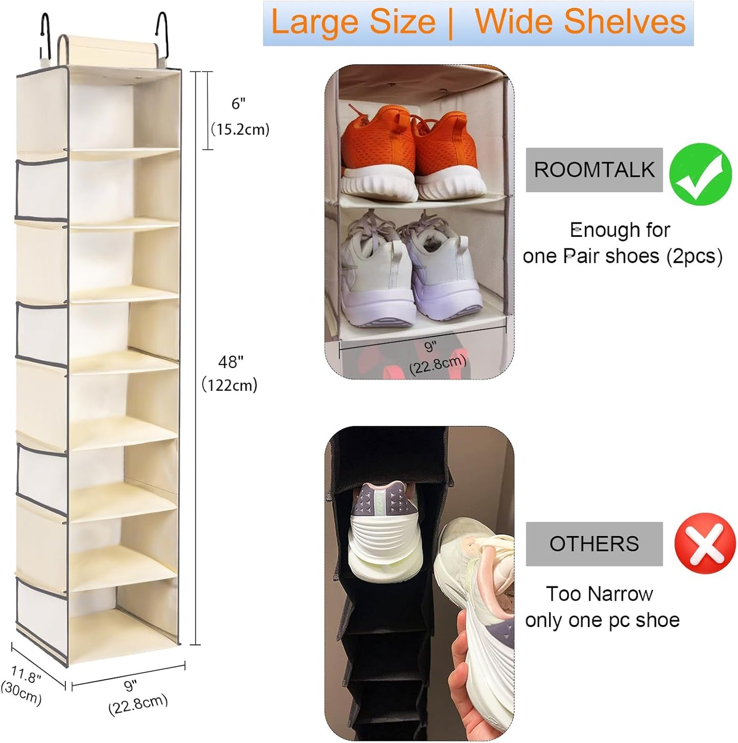 Large-Sized Hanging Shoe Organizer 8-Shelf, Hanging Closet Organizer with 8 Side Pockets, Wider Hanging Shelves for Storage Shoes Clothes 9" W × 11.8" D× 48" H, Beige.