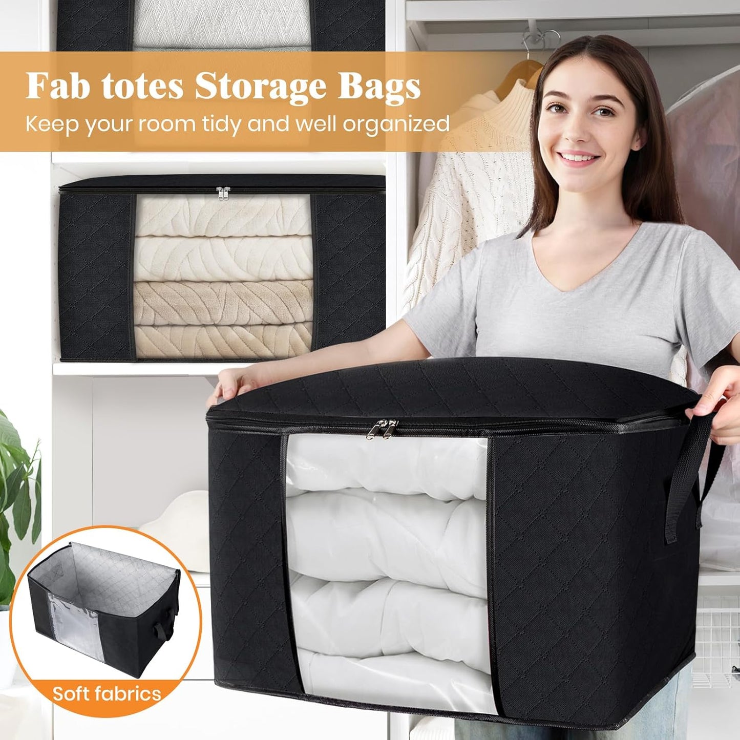 Fab totes 24 Gallons Clothes Storage, Foldable Thick Fabric Blanket Storage Bags, Containers for Organizing Bedroom, Closet, Clothing, Comforter, Organization with Handle (10 Pack,Black)
