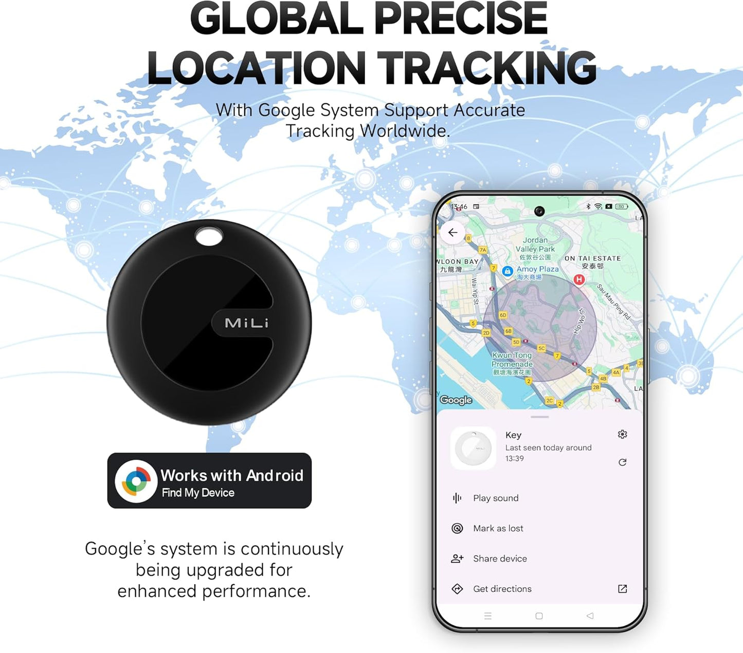 MiLi MiTag Bluetooth Tracker for Android, Google Certified Key Finder/Luggage Tracker/Item Locator, Smart Tracking Tag for Google Find My Device (Find Hub) App (BLK, 2PCS)