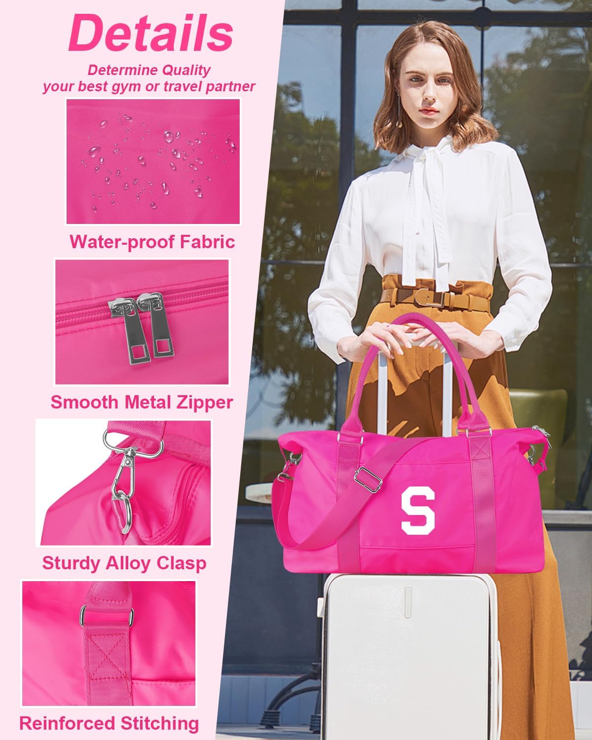 Overnight Bag for Kids Teen Girls Weekender Dance Bag Birthday Graduation Gifts,Initial Travel Duffel Bag Sports Gym Bag Personalized Weekender Bag Carry On Bags Preppy Gifts for Women(Hot Pink, S)