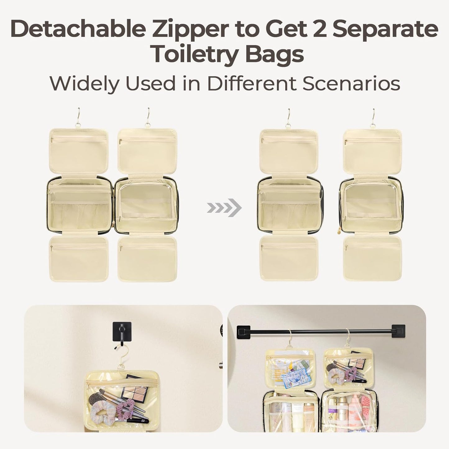 Hanging Travel Toiletry Bag for Women Detachable Toiletry Bag with 6 Compartments Large Makeup Bag Cosmetic Organizer for Bathroom Shower Business Trips Camping，Black