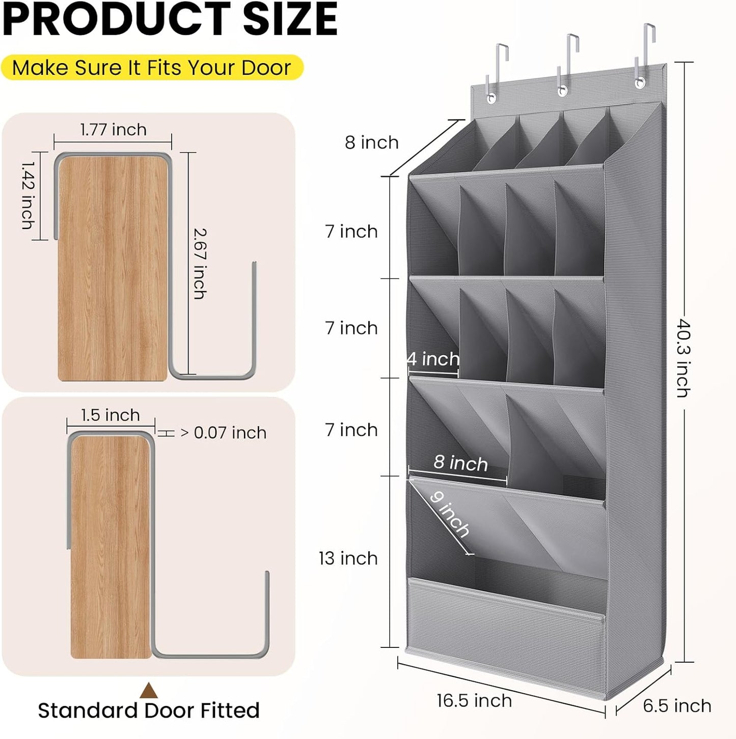 Over the Door Shoe Organizer for Closet, Shoes Rack for Closet with 15 Large Pockets, Hanging Shoe Organizers for Boot Storage, Behind the Door Narrow Shoe Holder for Small Shoes, Grey