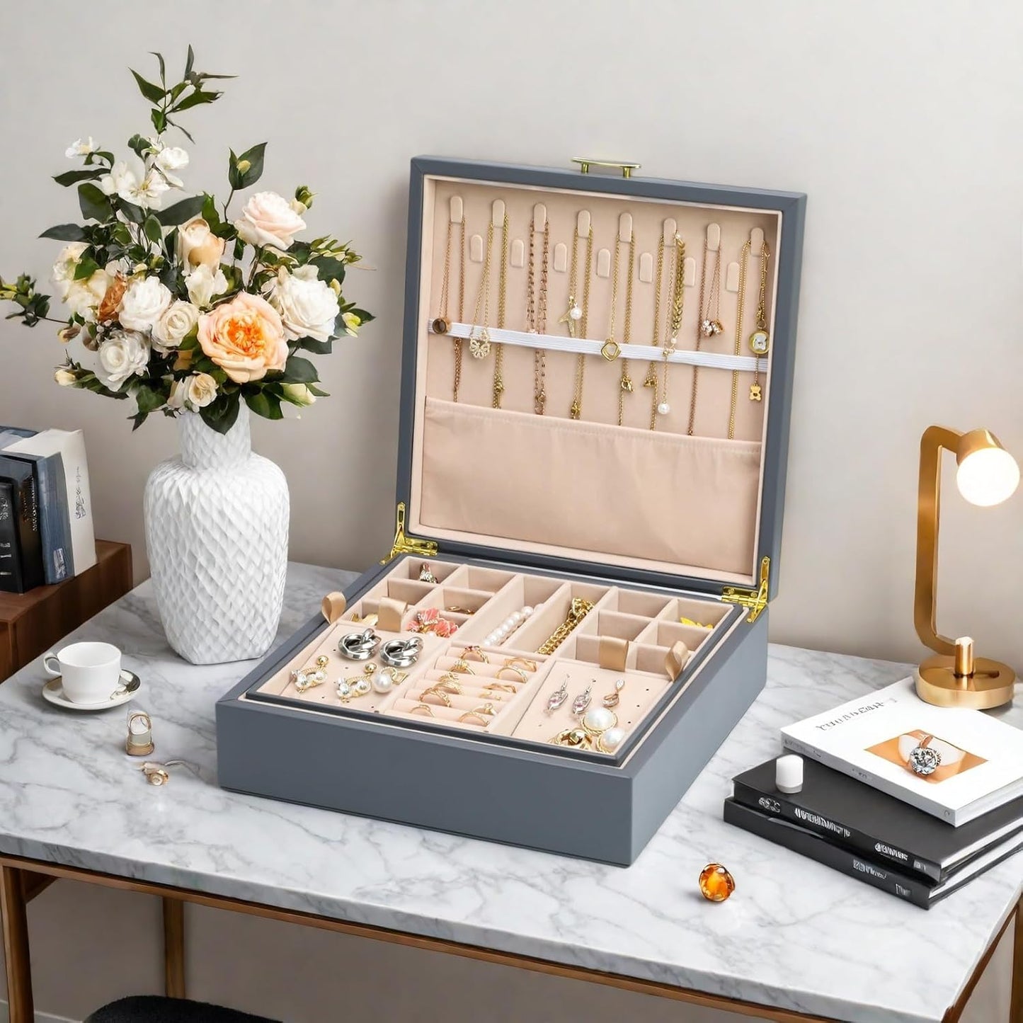 2-layer jewelry box，Jewelry Organizer with Handle，with hanging necklace hooks, detachable jewelry trays, suitable for storing a large amount of jewelry gift box (Large-Grey)