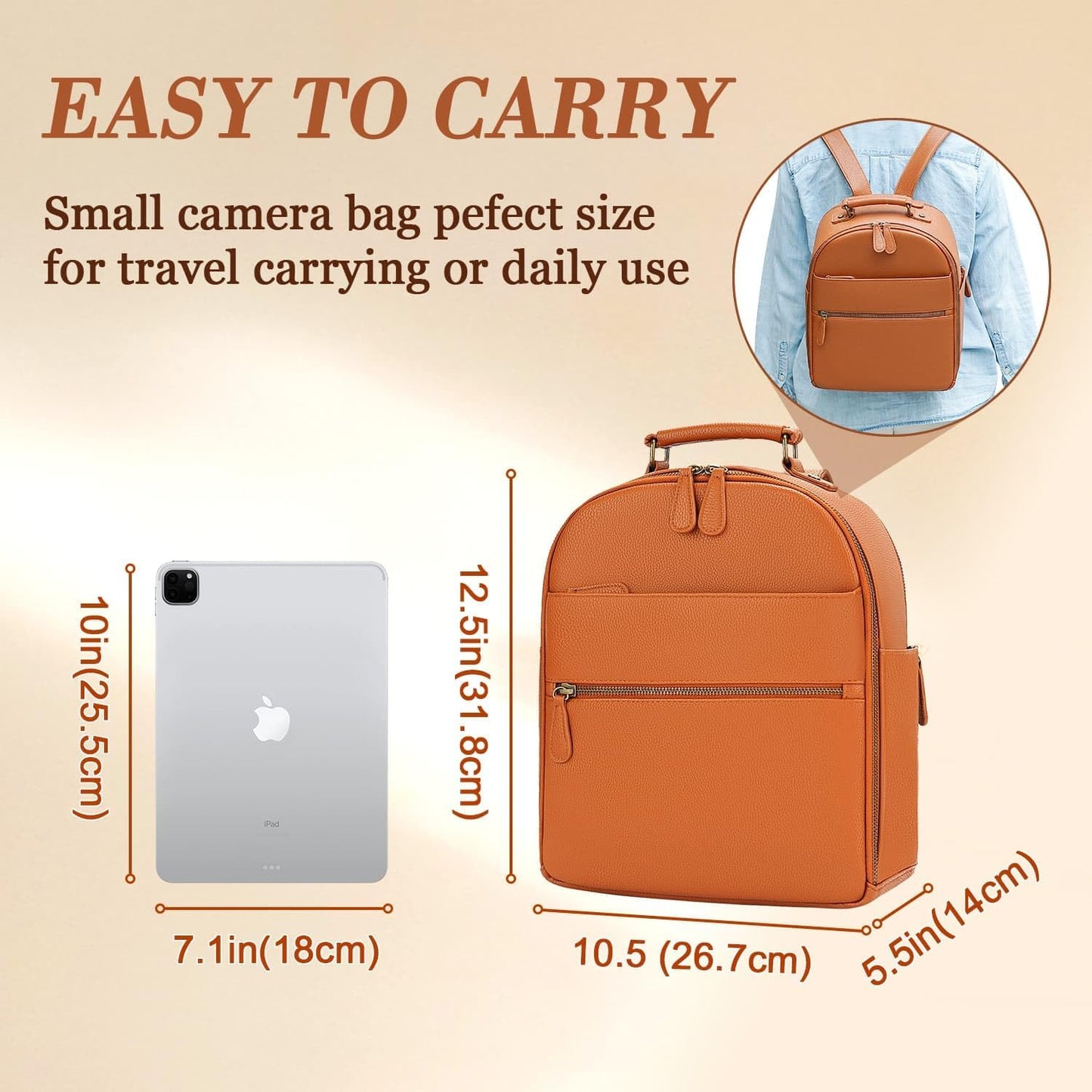 Small Camera Backpack, Classic PU Leather with 11 Inch Pad/Tablet Compartment, Professional Camera Bag for Photographers for DSLR, 10L Brown