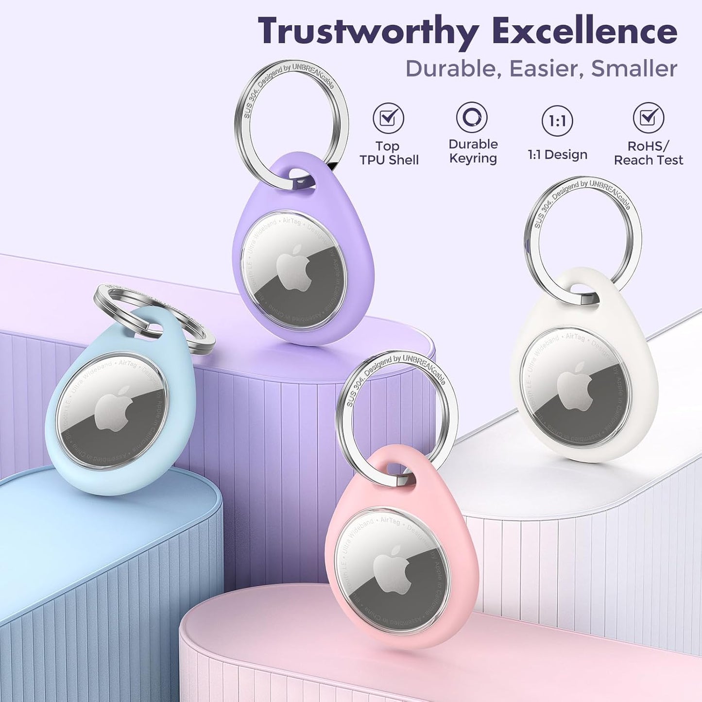 UNBREAKcable 4 Pack Macaron Colored for Apple AirTag Holder [Hold Air Tag Securely] [Easy to Install] Protective Case Waterproof TPU Shell with 304 Stainless Steel Key Ring Keychain