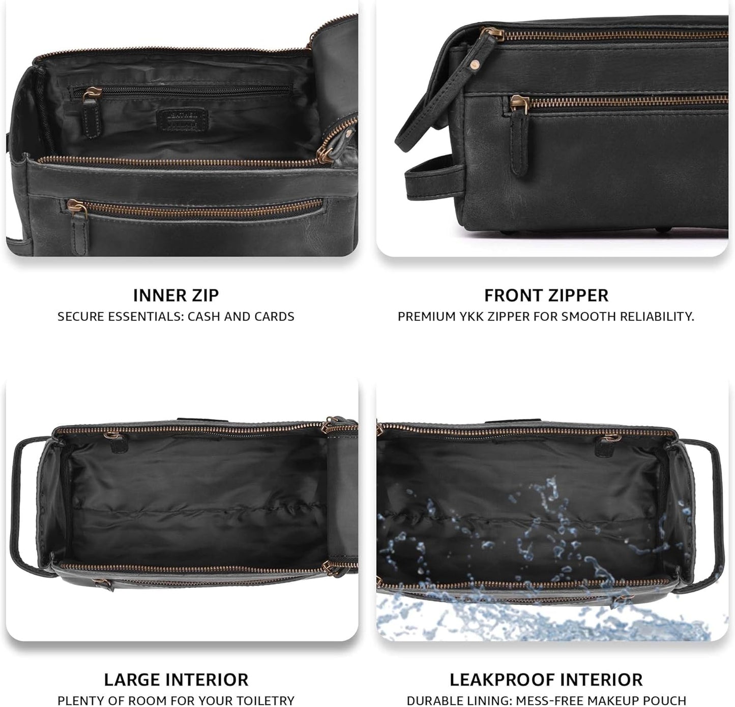LEATHER VILLAGE Premium Leather Travel Toiletry Bag - Unisex Water-Resistant Travel Dopp Kit, Shaving & Cosmetic Organizer for Men & Women - Compact Bathroom Essentials - Distressed Black