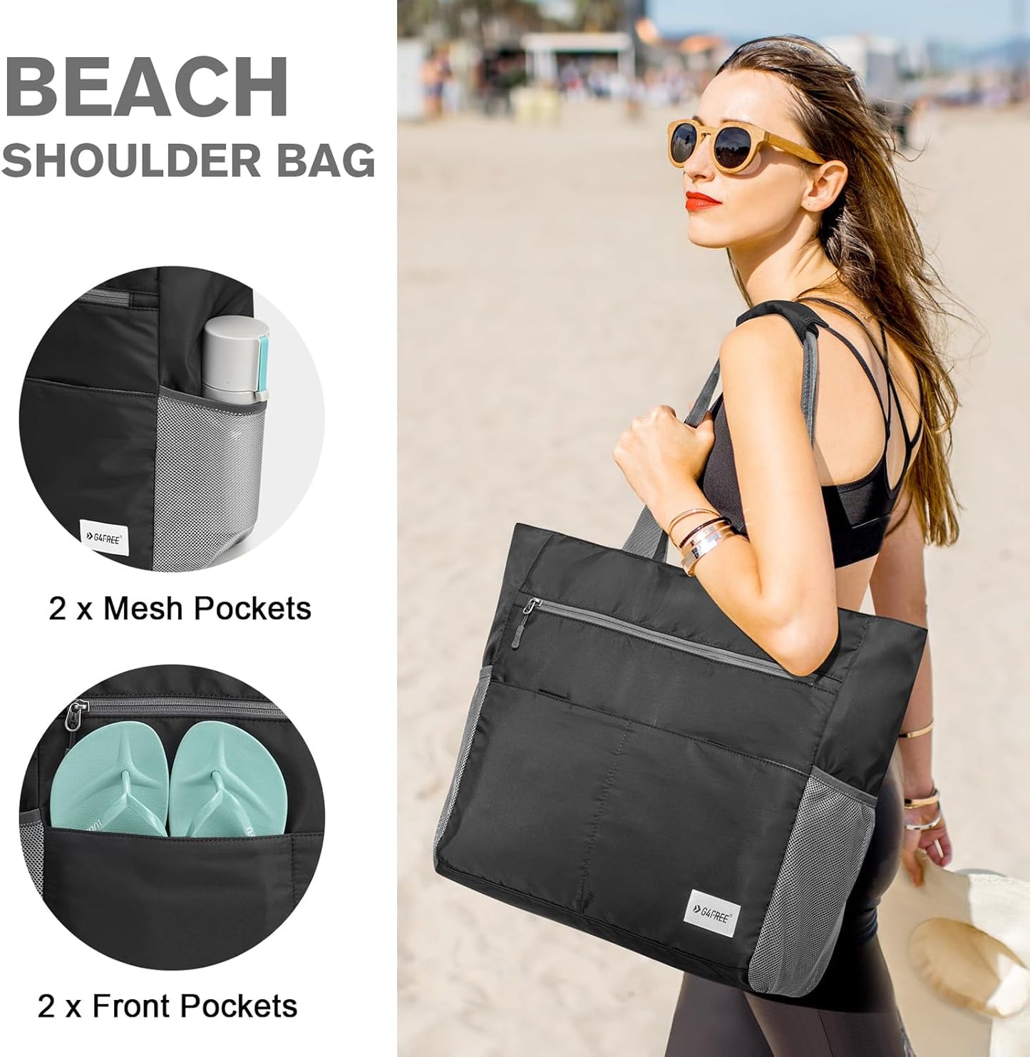 G4Free Beach Bag, Waterproof Sandproof Beach Tote Bag, Large Capacity Foldable for Women