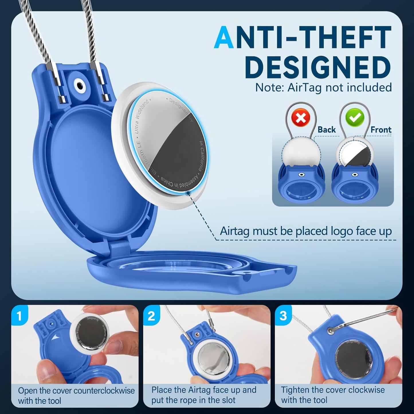 Waterproof Airtag Holder,Airtag Case with Secure Lock,Airtags Keychain for Apple Airtag,Anti-Lost Protective Cover Air tag Accessories for GPS Item Finder Tracker Luggage,Bag,Key,Pet,Cat Dog,Blue