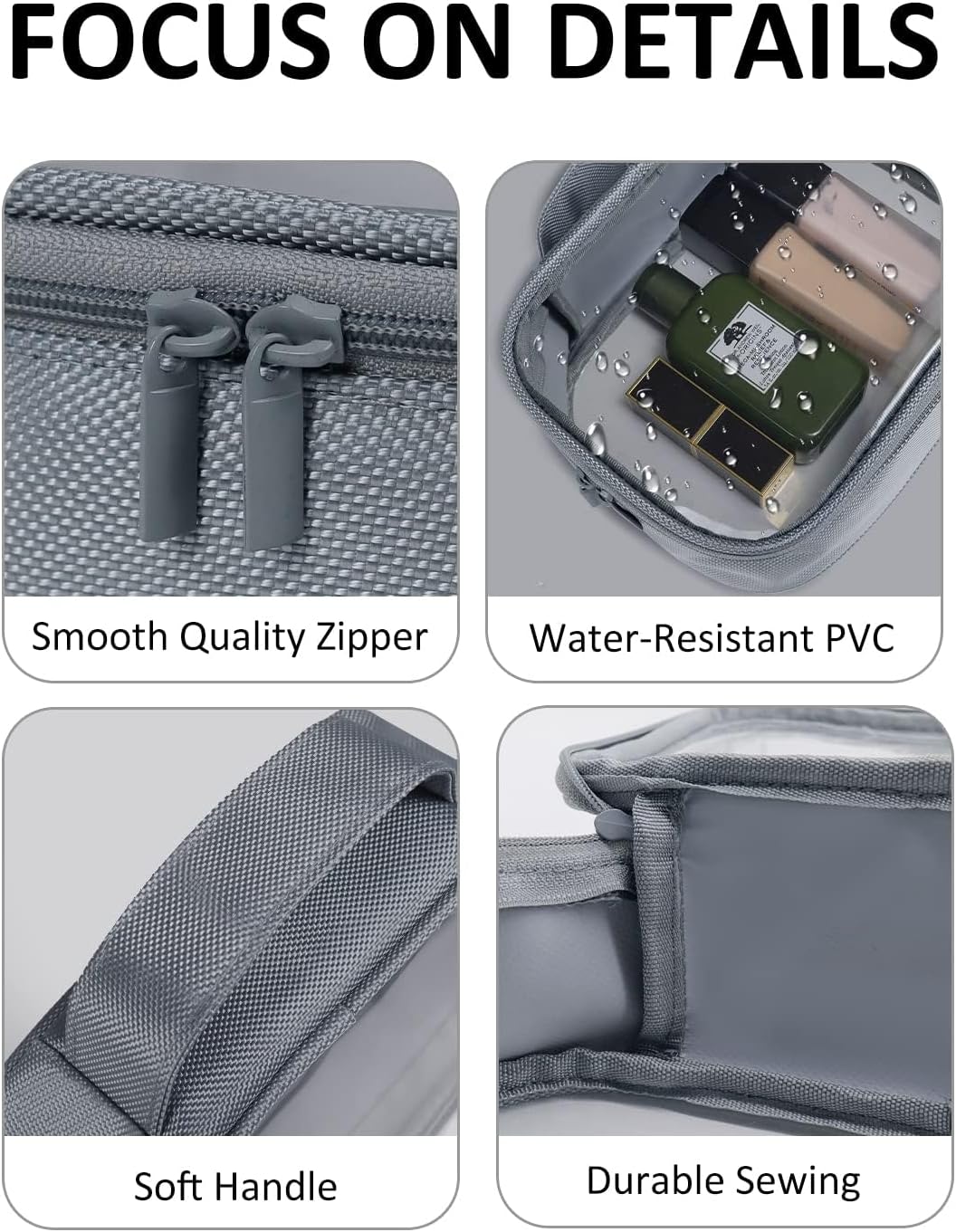 Moyad TSA Approved Clear Toiletry Bag with Handle, 1 Pack Quart Size 3-1-1 Liquids Pouch for Travel, Transparent Makeup & Cosmetic Organizer for Women Men, Grey