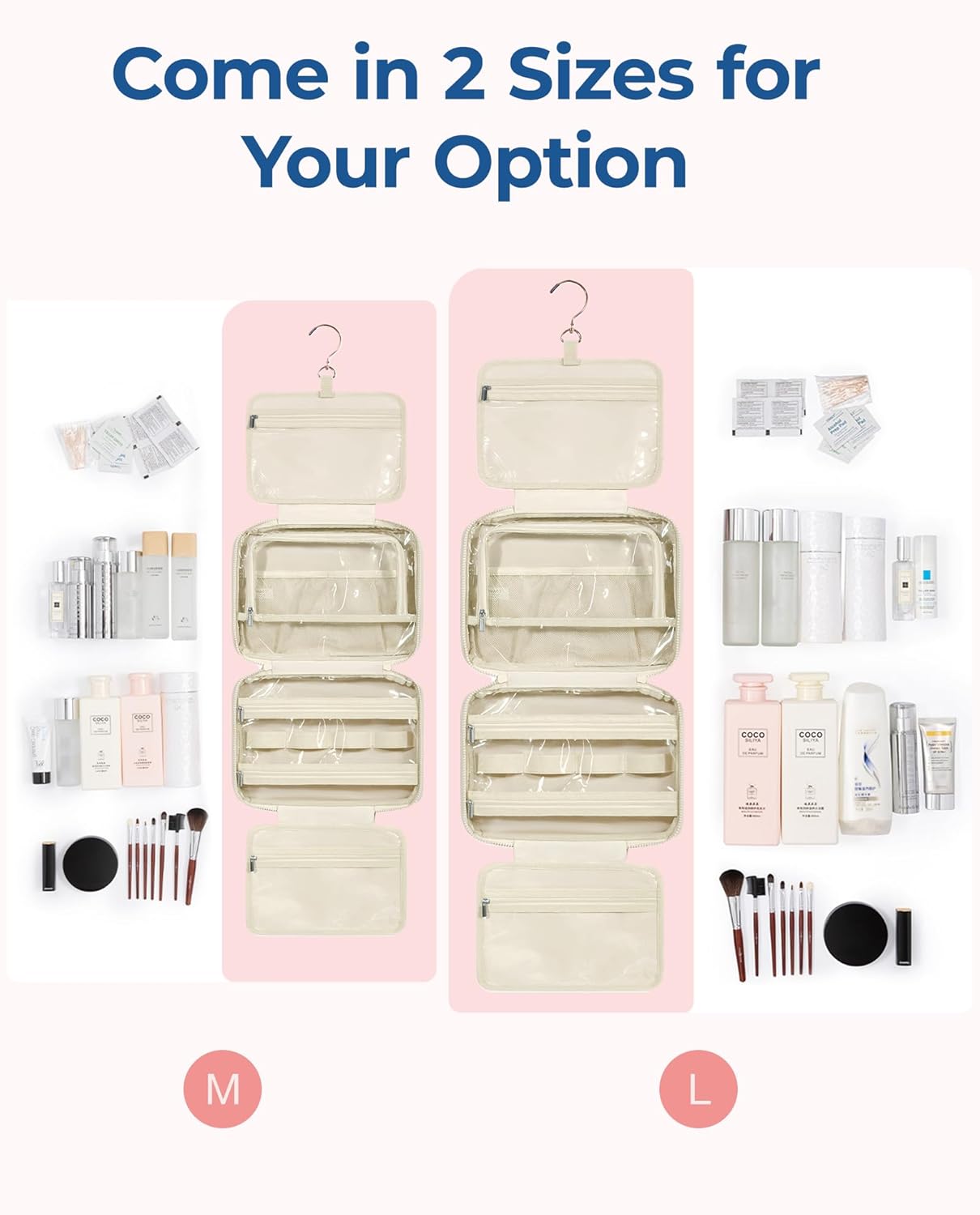 BAGSMART Travel Toiletry Bag with Jewelry Organizer, Hanging Travel Bag for Toiletries, Puffy Makeup Cosmetic Bag Organizer, Carry-on Travel Accessories Essentials, Beige-M