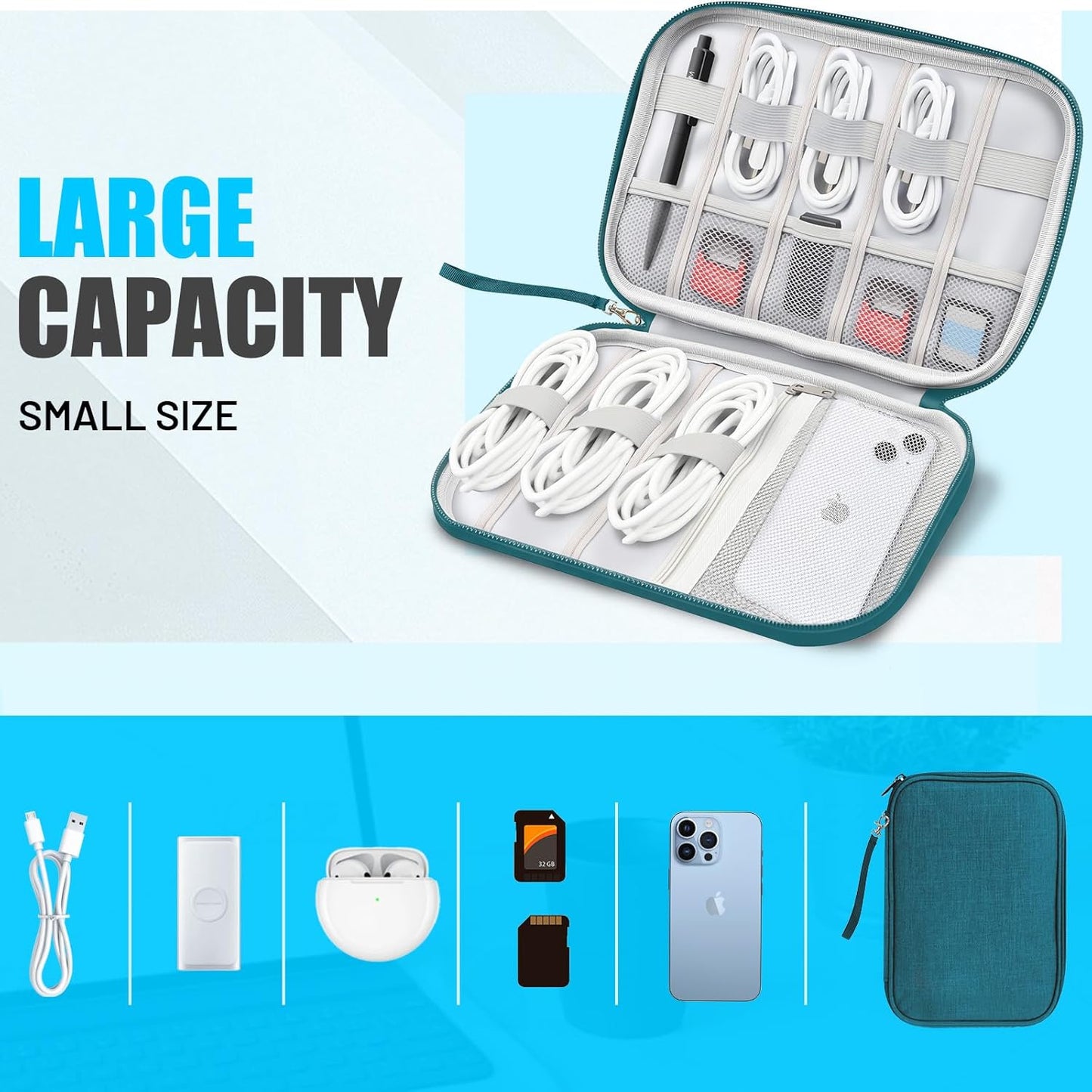 Travel Cable Organizer Bag, Electronics Organizer Tech Pouch with Double Layers for Cords, Chargers, Phone, Earphones, USBs, SD Cards - Travel Essentials Portable Waterproof Tech Pouch