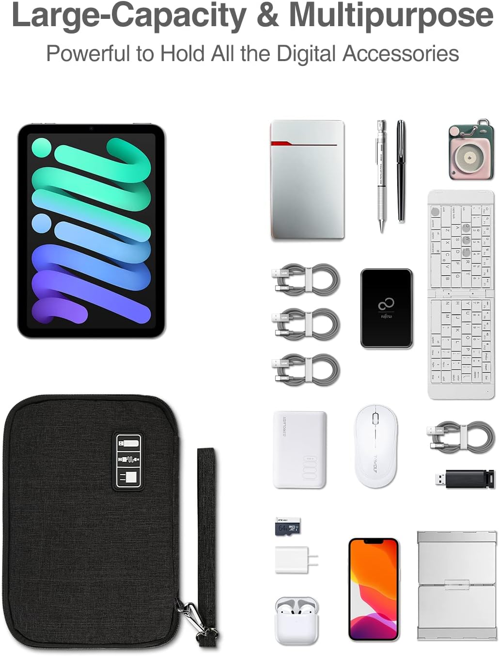 Luxtude Electronics Organizer, Portable Cable Organizer Bag for iPad 7.9'', Double Layer Travel Tech Bag&Cord Storage, Compact Cord Case&Charger Pouch,Electronics Carring Case for Phone/USB/SD