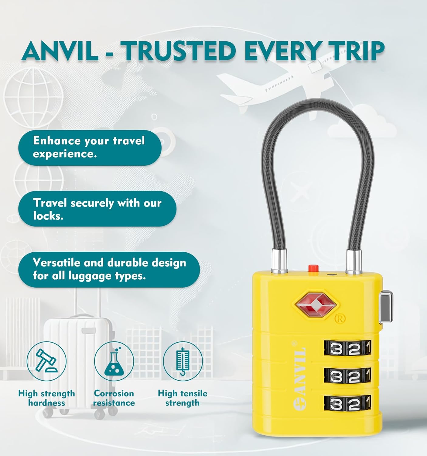 ANVIL TSA Approved Luggage Locks – High Security TSA008 Combination Travel Locks with Inspection Indicator for Suitcases and Backpacks. (3, Yellow)