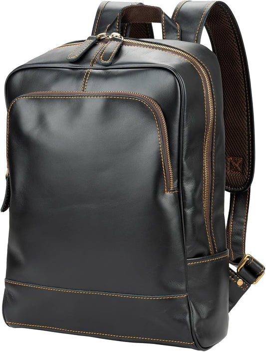 Leather Backpack for Men 15.6" Laptop Backpack 100% Madagascar top-Grain Leather Backpack Black Medium Size
