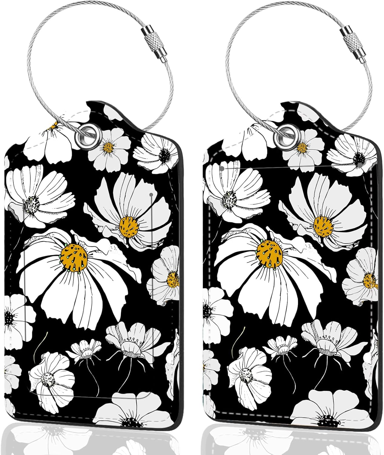 2Pack Luggage Tags for Suitcases, Cute Unique Pu Leather Cruise Luggage Tag with Privacy Cover ID Label Address Card and Metal Ring Suitable for Women Men Kids Travel Bag White Flowers