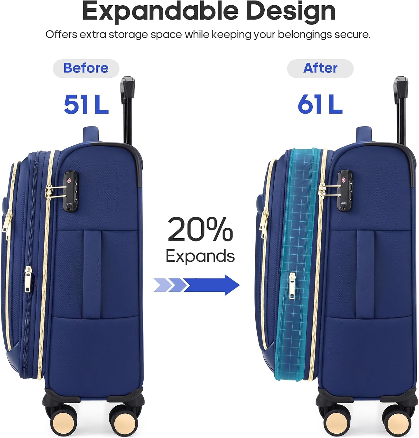 Softside Carry On Luggage 20 Inch Expandable Carry On Luggage 22x14x9 Airline Approved with Spinner Wheels & TSA Lock, Waterproof Large Capacity Suitcase Travel Bag for Men and Women