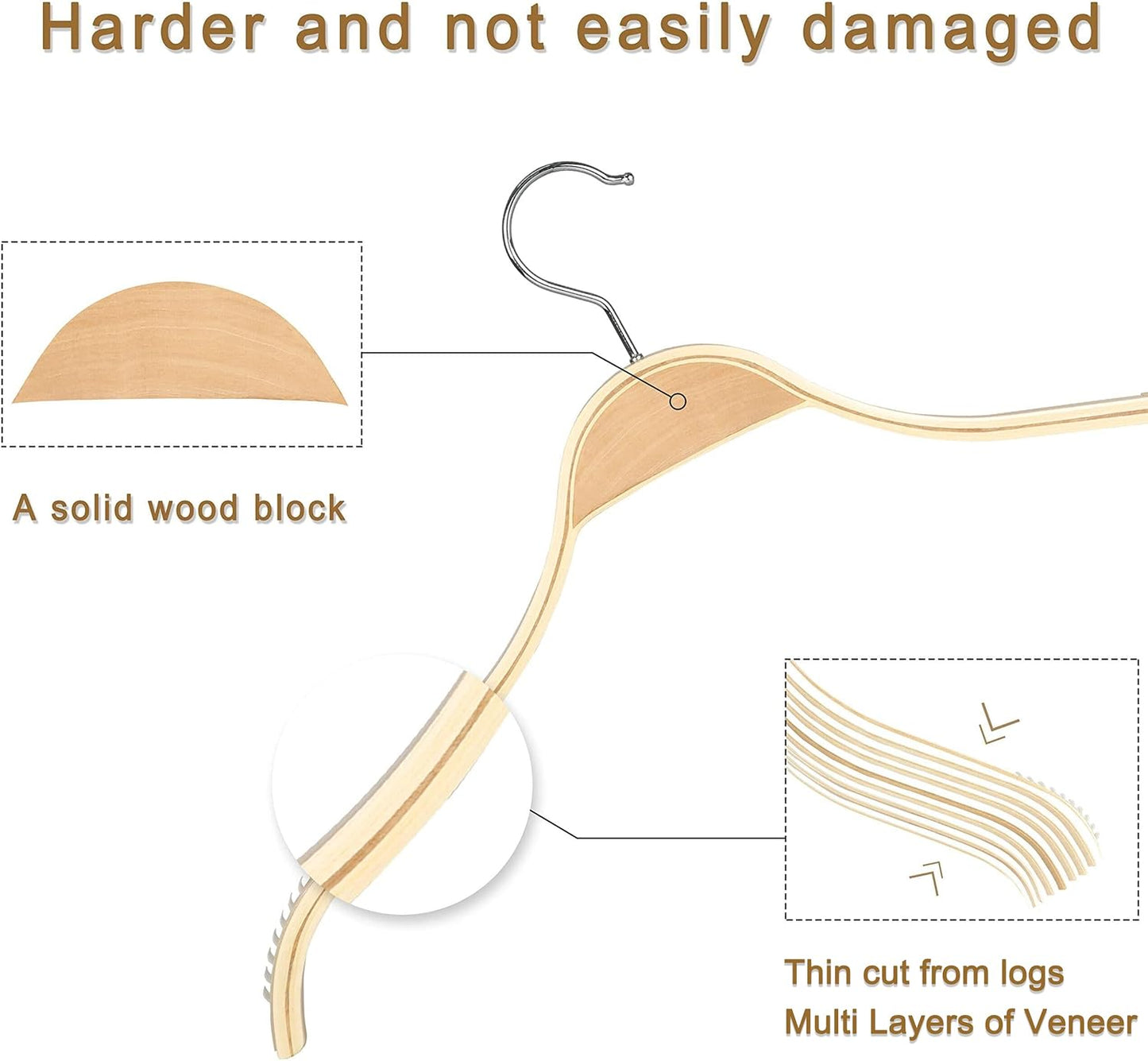 TOPIA HANGER Slim Natural Wood Hangers with Extra Soft Non-Slip Rubber Grips, 10-Pack High-Grade Fashion Hanger No Shoulder Bump for Sweater, Camisole, Jacket, Dress, Coat -CT15N