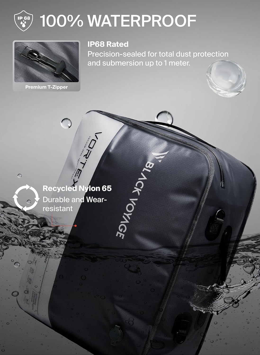 Black Voyage Reusable Vacuum Compression Travel Bag for Carry-On Suitcase and Backpack, Recycled IP67 Waterproof Space Saver Vacpack (2-Pack, 18L - Pump Included)