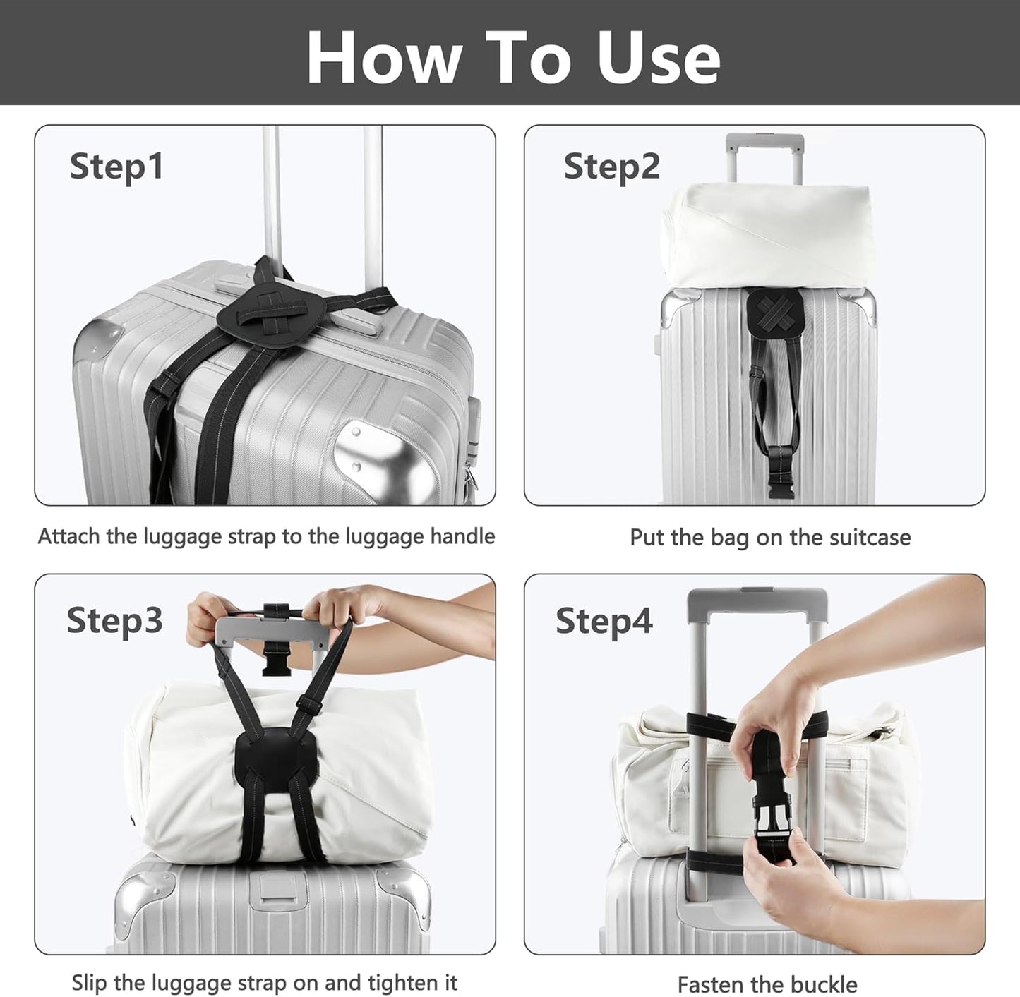 Luggage Bungee Strap - Adjustable Elastic Luggage Straps with Buckle for Attaching Roller Bags, Black Strap for Suitcases Handle Carry On Add Bag, Backpack, Purse, Rolling Bag, Handbag