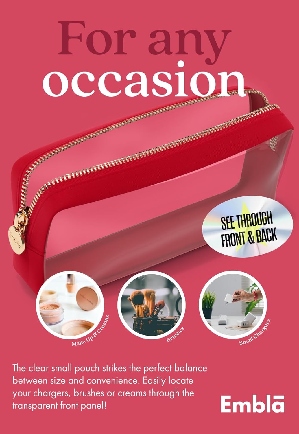 Clear Makeup Bag Zipper Pouch, Transparent Cosmetic Case Organizer, TSA Approved Travel Toiletry Case, Travel Accessories Essentials Makeup Tote for Women, Small Cute Make up Bag for Purse - Ruby