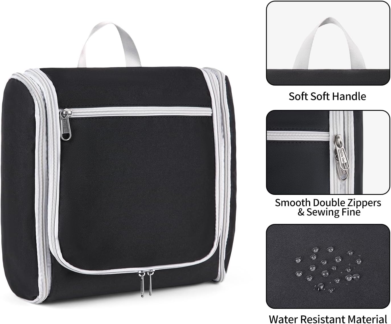Della Gao Hanging Toiletry Bag for Men and Women, Large Capacity Cosmetics Makeup Bag Toiletries Organizer, Bathroom Bag, Water-Resistant Nylon, Black
