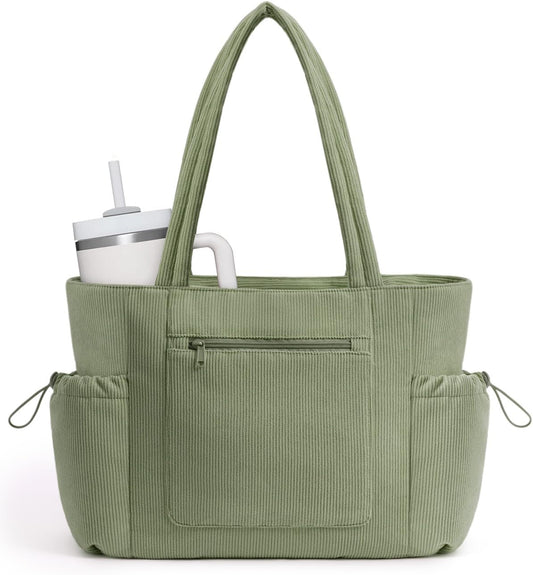 ECOHUB Tote Bag for Women, Work Tote Bags with Laptop Compartment, Large Corduroy Tote Bag with Stanley Cup Holder