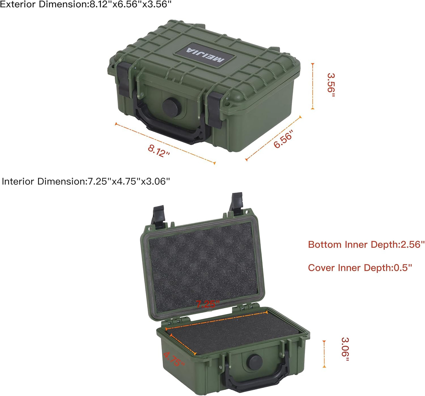 MEIJIA IP67 waterproof hard compact case,Customizable Fit Foam,8.12”x6.56”x 3.56”,Fit Use of Drones, Cameras,Equipments,lens (Green)