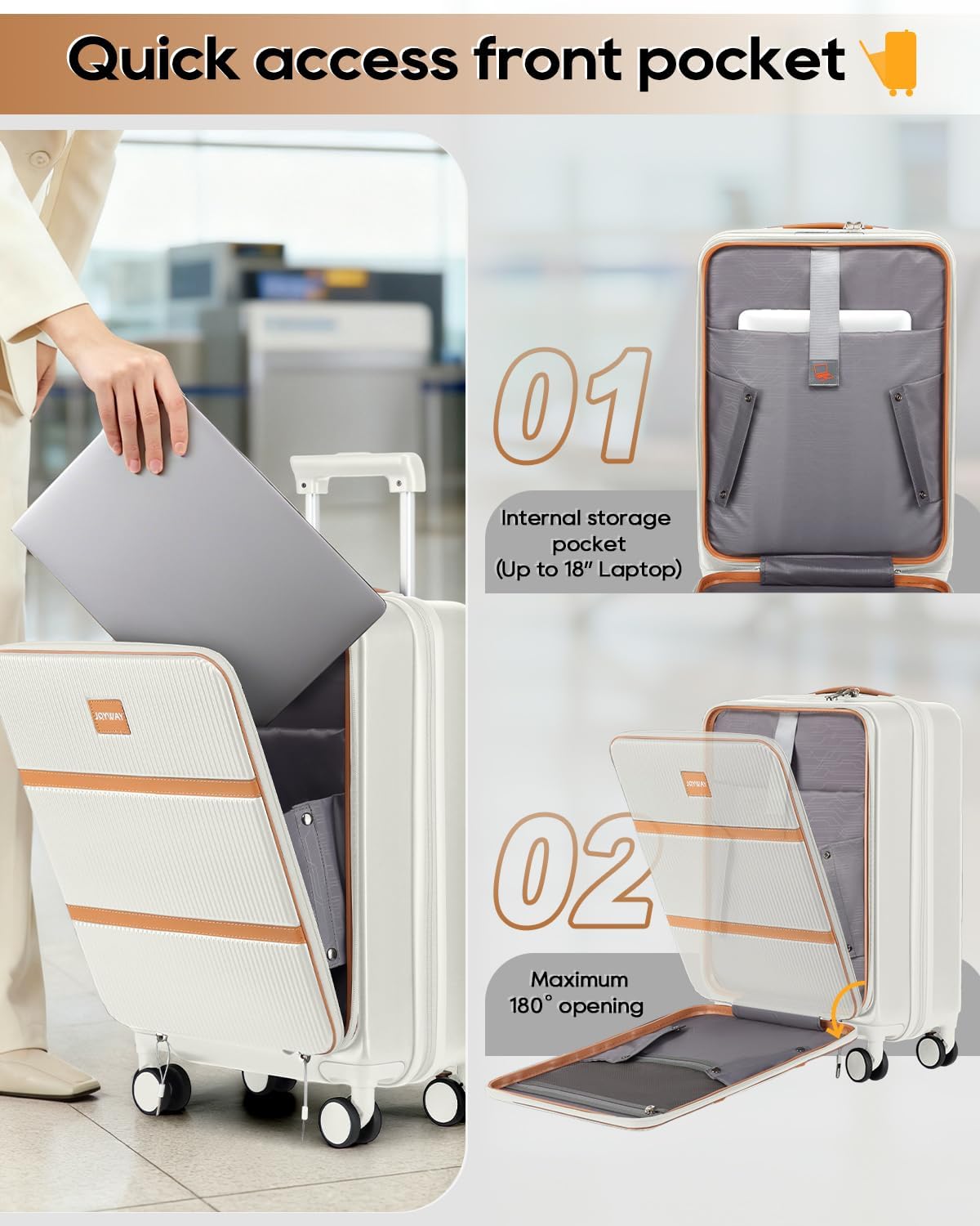 Joyway Carry on Luggage Airline Approved with Front Pocket, Hardside 20 Inch Travel Luggages with Cup Holder, Carry-on Suitcase with Spinner Wheels for Men and Women (White, 20 Inch)