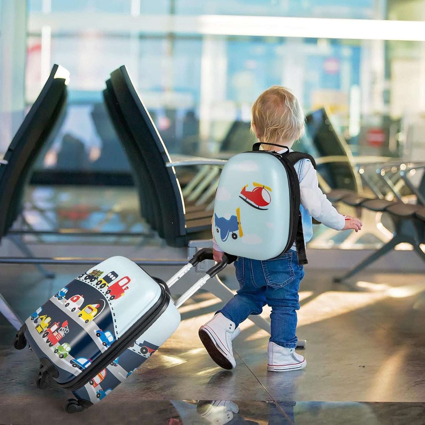 HONEY JOY Kids Luggage, 12" Toddler Backpack & 16" Travel Suitcase with Wheels, Lightweight Toddler Girls Suitcase, Durable ABS Hardshell, 2Pcs Carry On Luggage Set for Boys Girls(Car)