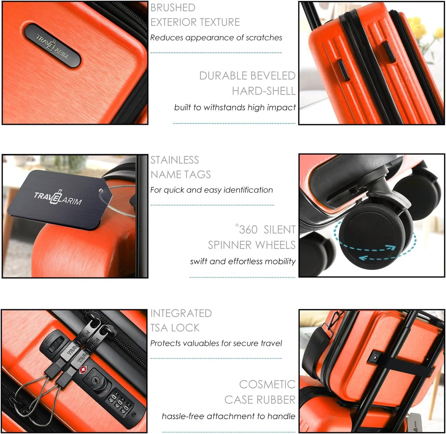 22 Inch Carry On Luggage 22x14x9 Airline Approved, Carry On Suitcase with Wheels, Hard-shell Carry-on Luggage, Durable Luggage Carry-On, Orange Small Suitcase with Cosmetic CaseBag