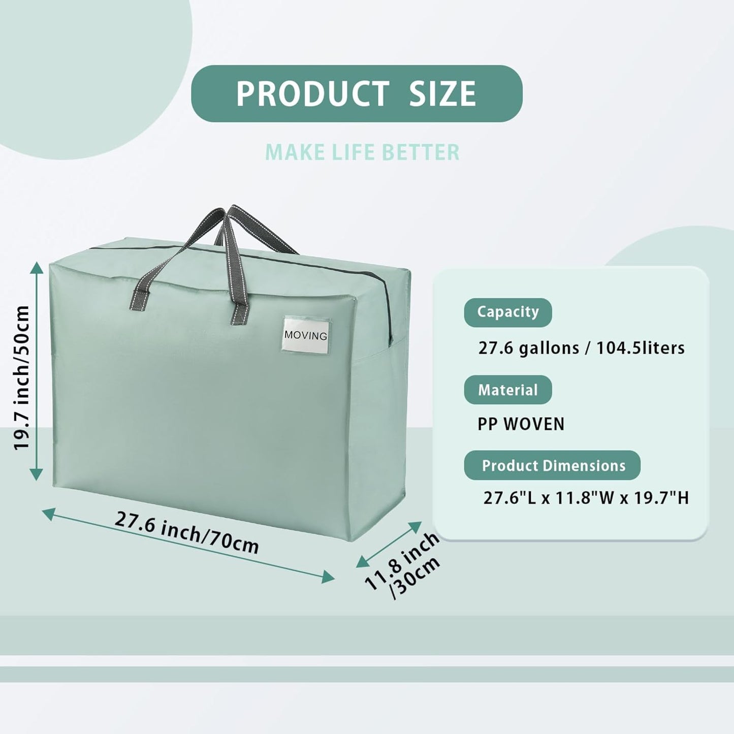 VENO 4 Pack Heavy Duty Moving Bags, Storage Bags, Packing Supplies, Top Zipper, Storage Totes for Camping, Clothes, Bedding, Comforters, Pillows (27 Gallon Light Green, 4 Pack)